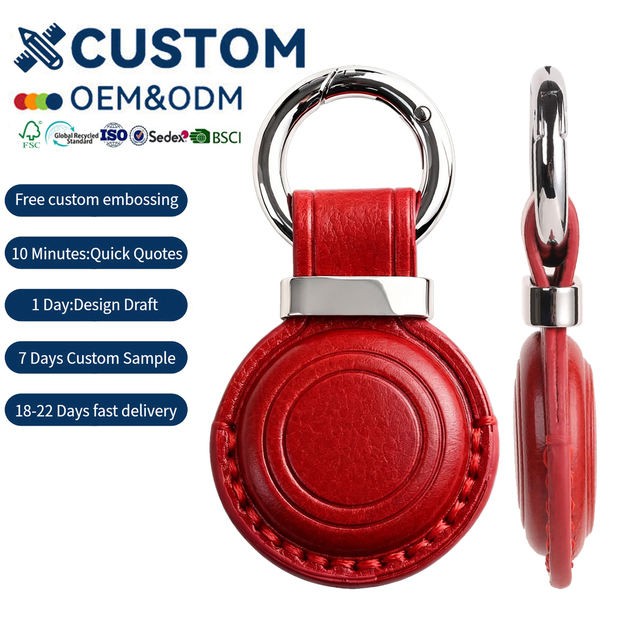 Custom Logo Genuine Leather Airtags Keychain Holder Protective Sleeve Dog Collar Pet Loop Keyring RFID Blocking Smart Tag