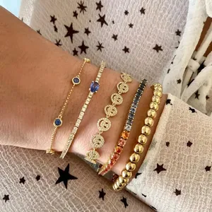 Cubic Zirconia Emojis Charm Bracelet Iced Out Happy Friendship Bracelet 18K Gold Diamond Smiley Face Tennis Bracelet para mujer