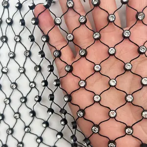 Black Color Rhinestone Fabric Crystal Mesh Roll Trimming Diamante Plastic Stretch Rhinestone Mesh Trimming For Top Clothing