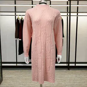 2023 pink winter jacquard drop shoulder casual half turtleneck plus size sweater knitted dress women clothing