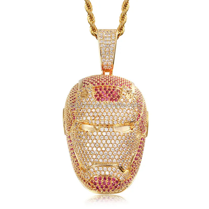 2022 Miami gioielli in stile Hip Hop ghiacciati zirconi cubici placcati in oro film eroe personaggio Iron Man collana cubana con pendente in corda
