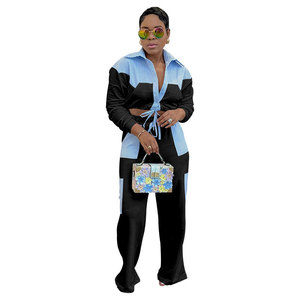 Conjunto de Pantalones Largos Casuales y Camisa de Manga Larga a Rayas con Bloques de Color, Estilo Nuevo para Mujer, JAC22 TZ7368 - Product Image 3