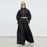 Nouvelle veste bomber courte noire zippée à manches ballon, style streetwear sexy et sportif, personnalisable pour femme, vente en gros