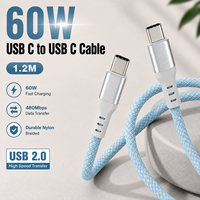 Câble USB 2.0 Type-C 60W PD à charge rapide 5A 1,2m en nylon tressé pour téléphone, tablette, batterie externe