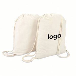 Custom Logo Outing Laundry Lunch School Camping Reusable <b>Canvas</b> <b>Backpack</b> Beige Printed Drawstring Bags - Product Image 1