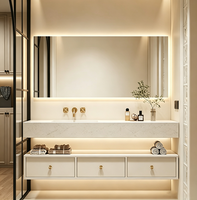 Meuble de salle de bain flottant étanche blanc crème premium avec lavabo intégré en surface solide sans joint