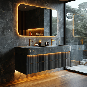 Ensemble de Meubles de Salle de Bain de Luxe Modernes en Acier Inoxydable avec Double Vasque, Miroir et Montage Mural en Marbre pour Hôtel - Product Image 1