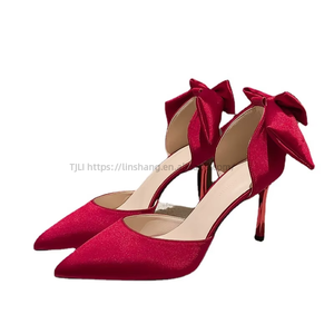 French Bow Hollow High <b>Heels</b> Satin Bridesmaid Red Design Main Wedding Bride Shoes - Product Image 5