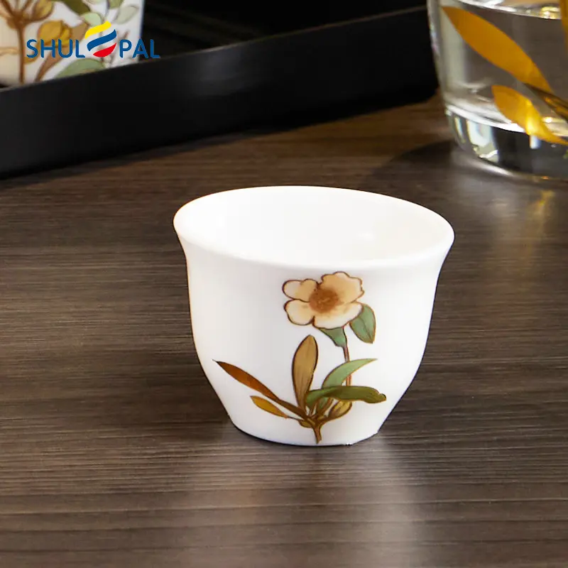 Toptan Drinkware japon Sake bardak altın çiçek baskı çay fincanları Opal cam çay Sake bardak