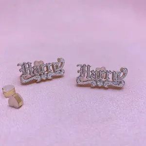 Hiphop Carved Two-color Name Earrings Custom Letters Jewelry Double Layers Copper Custom Unisex Ear Studs