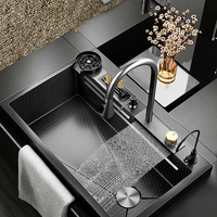 Ensemble d'évier de cuisine double cuve YEETE multifonction en acier inoxydable 304 noir moderne avec robinet, effet cascade et pluie