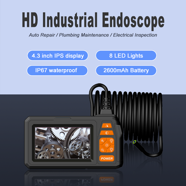 4.3 Inch Screen Industrial Endoscope 8mm Lens HD Borescope Inspection Camera 8 LED Lights IP67 Waterproof 3X Digital Zoom