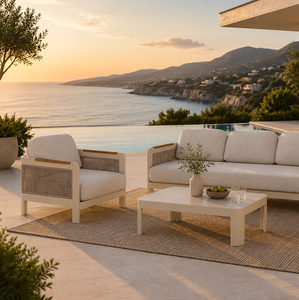 Set <span class=keywords><strong>Divano</strong></span> da Giardino Moderno e Resistente con Design a Leone, Telaio in Alluminio, Corda Intrecciata Beige, Braccioli in Teak, Resistente alle Intemperie, Arredamento da <span class=keywords><strong>Esterno</strong></span> - Product Image 1