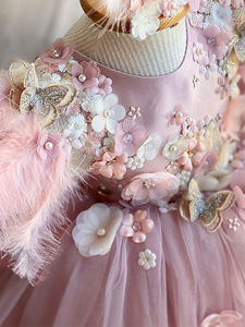 Vestido de <span class=keywords><strong>Princesa</strong></span> con Tutú de Flores Esponjosas para Niñas, Vestido de Fiesta de Cumpleaños con Plumas para Niñas - Product Image 3