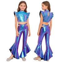 Conjunto de Danza para Niñas de 6 a 16 Años, Top Corto Metálico con Pantalones Acampanados, para Clases de Danza, Espectáculos de Jazz, Fiestas Temáticas