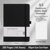 Carnet à couverture rigide A5 noir avec élastique, pages lignées, couverture personnalisée, pages intérieures couleur