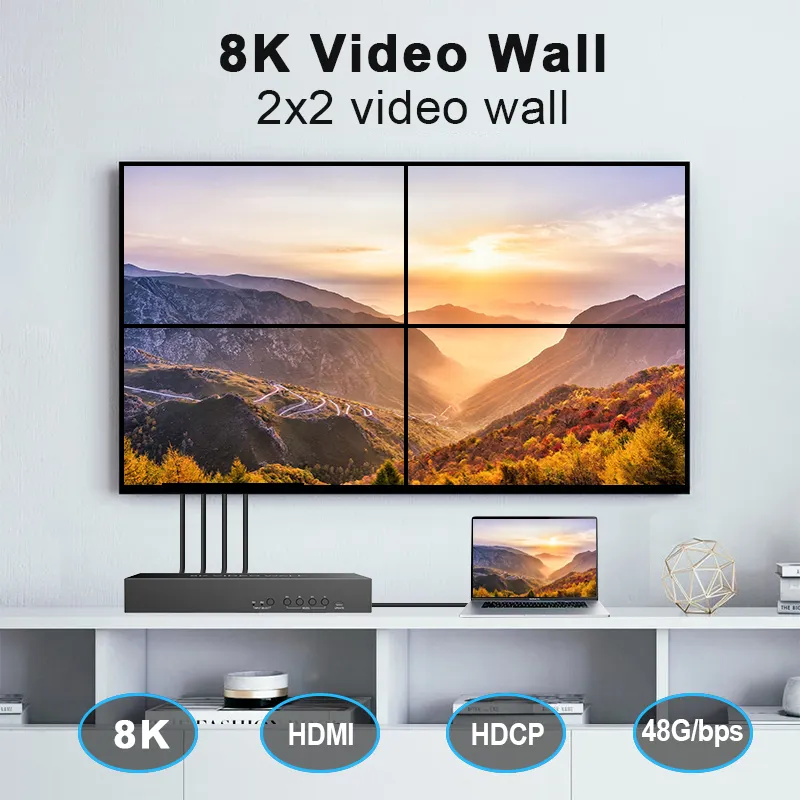 8k60 đầu vào 2x2 video tường điều khiển 2 trong 4 ra hỗ trợ IP/RS232 điều khiển HDCP 2.3 âm thanh de-nhúng HDMI Ma Trận 2x4