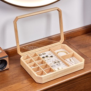Octagonal Wooden Jewelry Organizer <b>Box</b> With <b>Mirror</b> Lid Simple Style Storage Case For Rings Earrings Necklaces - Product Image 1