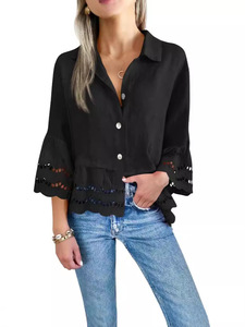 Blusa de Encaje Tejido para Mujer, Estilo Europeo Americano, Corte Holgado Informal, Primavera-Verano, con Mangas Acampanadas <span class=keywords><strong>y</strong></span> Logotipo Frontal - Product Image 2