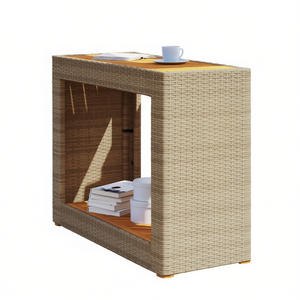 Poly Rattan Patio Side <b>Table</b> With Wooden Top Outdoor <b>Table</b> Beige 39.4x15.7x29.5 Inches Durable Contemporary Design - Product Image 1