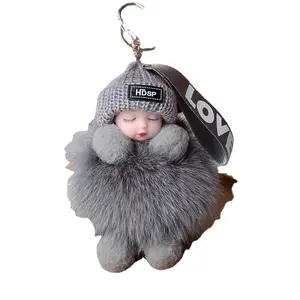 Hete Schattige Slapende Babypop Sleutelhanger Pom Konijnenbal Ketting Pluizige Auto Ringzak Bedel Cadeau Pluche Bont Sleutelhangers