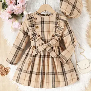 Gaun katun kotak-kotak Lengan Panjang Vintage klasik 2024 baju anak perempuan katun rumbai lengan panjang poliester 2-7 Tahun elegan anak perempuan pakaian bayi