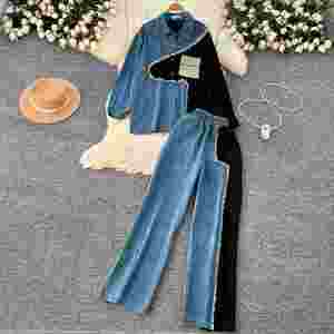 Ensemble en jean décontracté vintage 2 pièces pour femme avec pantalon de jogging tissé taille haute - Vente en gros - Product Image 1