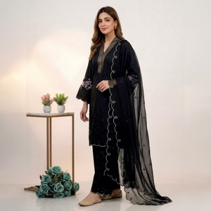 Conjunto de 3 Piezas de Salwar Kameez Pakistaní Bordado en Negro para Mujer, Traje Tradicional Holgado de Largo Completo para Uso Casual - Product Image 2