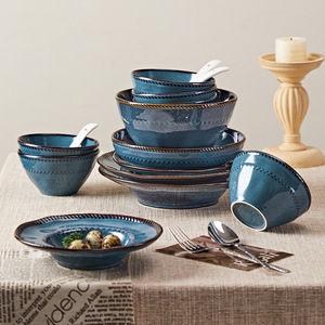 Ensemble de 6 bols à riz en céramique écologique rétro française, changement de four, sous-glaçure, artisanat traditionnel haut de gamme, bleu pour la maison - Product Image 3