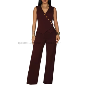 Casual Solid Color Sleeveless V-neck Button Top and Pants Two Piece <b>Set</b> for Women Fashion - Product Image 3