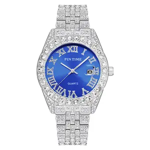 Luxury Custom Bling Hip Hop Fully Iced Out Reloj Waterproof Silver Gold Blue Dial Diamond Watches Men Wrist Quartz Watch For Men