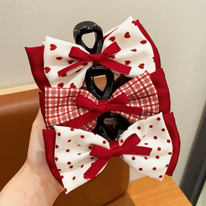 Red fabric <b>bow</b> hair <b>clip</b> for girls' high bun, princess baby hair accessory - Product Image 1