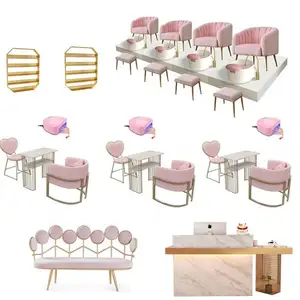 Sillas de salón rosas al por mayor, muebles de uñas y muebles de salón dorados, silla de pedicura de manicura profesional moderna