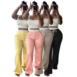 802 Summer New Double Waist Ead Design Wide Leg Pants Two Piece Set - Product Image 1