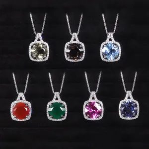 N0064 Abiding Jewelry Wholesale Custom Cushion Natural Gemstone 925 Sterling Silver Square Halo Gems Pendant Necklace