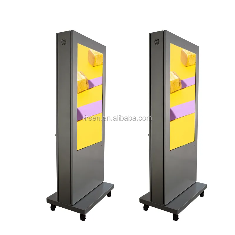 Network Monitor Multi Panel 55 Inch Bingkai Logam Outdoor Advertising Mesin Roda Bergerak Layar Iklan Digital Signage