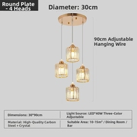 Lustre moderne nordique à 4 lumières en cristal, hauteur réglable, base dorée, avec LED pour hôtel, salle à manger, bar, îlot de cuisine