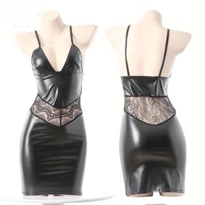 Ensemble de lingerie sexy en cuir PU, bralette effet mouillé, mini-jupe, tenue de boîte de nuit, style fétiche, vêtements de club, accessoire de danse exotique, taille plus - Product Image 2
