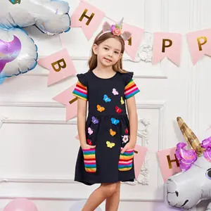 Pakaian anak-anak OEM gaun kasual gadis kecil bunga kupu-kupu gaun pendek anak perempuan terbaru pakaian pesta desain rok Barat