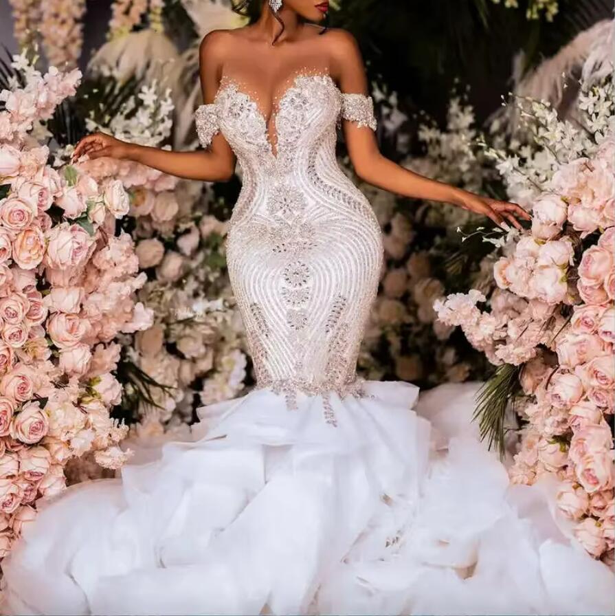 Robes de mariée sirène blanches diamant élégantes et sexy