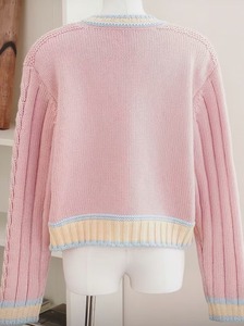 Wholesale Custom Women's Preppy Long Sleeve Crochet <b>Cable</b> Pullover Sweet Jacquard Print Front Logo Silk <b>Sweater</b> Top for Winter - Product Image 2