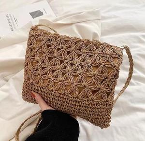 <b>Straw</b> Square <b>Handbag</b> with Two Straps Chain Open Closure Women's Classic Style Daily Use Polyester Lining Large Capacity Bag - Product Image 2