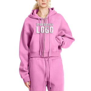 Sweat à capuche pour femme avec logo personnalisé, couleur unie vintage, fermeture éclair, mode décontractée, épaules tombantes, ample, épais, style « spicy girl », sweat à capuche court - Product Image 4