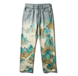 Jeans WangSheng para Hombre con Estampado de Montañas Verdes Estilo Paisaje Chino, Lavado Azul Claro, Cintura Alta, Pierna Ancha, Estilo Vintage - Product Image 1