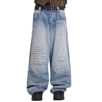 Jeans baggy à jambe large en denim lourd bleu délavé vintage avec fermeture éclair Jeans à jambes droites pour hommes
