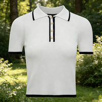 Camiseta de Verano Personalizada para Mujer, Cuello en V, Estilo Old Money, Manga Corta en Contraste, Tejido Transpirable, Casual, con Botones