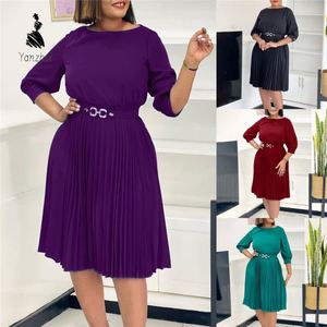 Robe de travail élégante pour femmes, col rond, manches trois quarts, plissée, style africain, été - Product Image 2