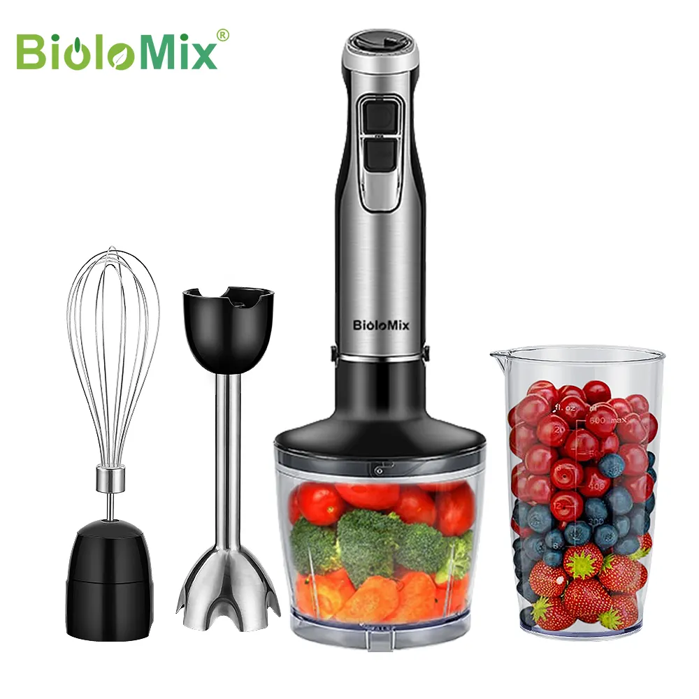 Biolomix liquidificador 4 em 1, batedor de alta potência com 1200w, misturador de mão de imersão com picador e copo para smoothies, lâminas de gelo de aço inoxidável