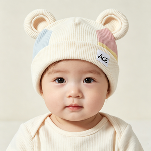 Lindo Gorro de Punto para Bebé con Orejas de Oso, Diseño de Bloques de Color, Acanalado, Suave y Elástico, 100% Acrílico, Marca ACE, Primavera, Otoño, Viajes - Product Image 1
