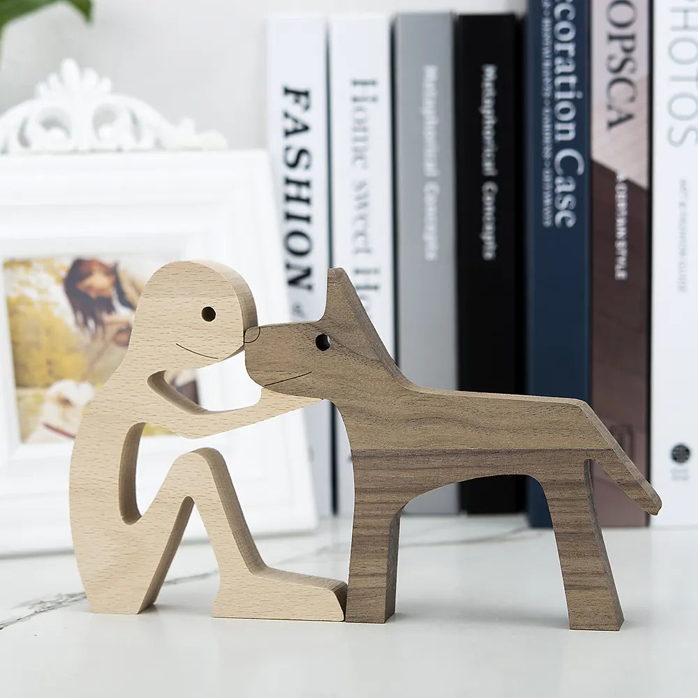 Family Puppy Wooden Dog Craft Figurine Desktop Table Ornament Wood Carving Model Creative Home Office Decoration A Man And Dog